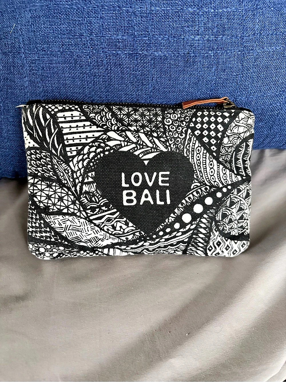 Bali Tees Canvas Makeup Pouch Zipper Coin Purse Love Bali Graphic Black White 8x